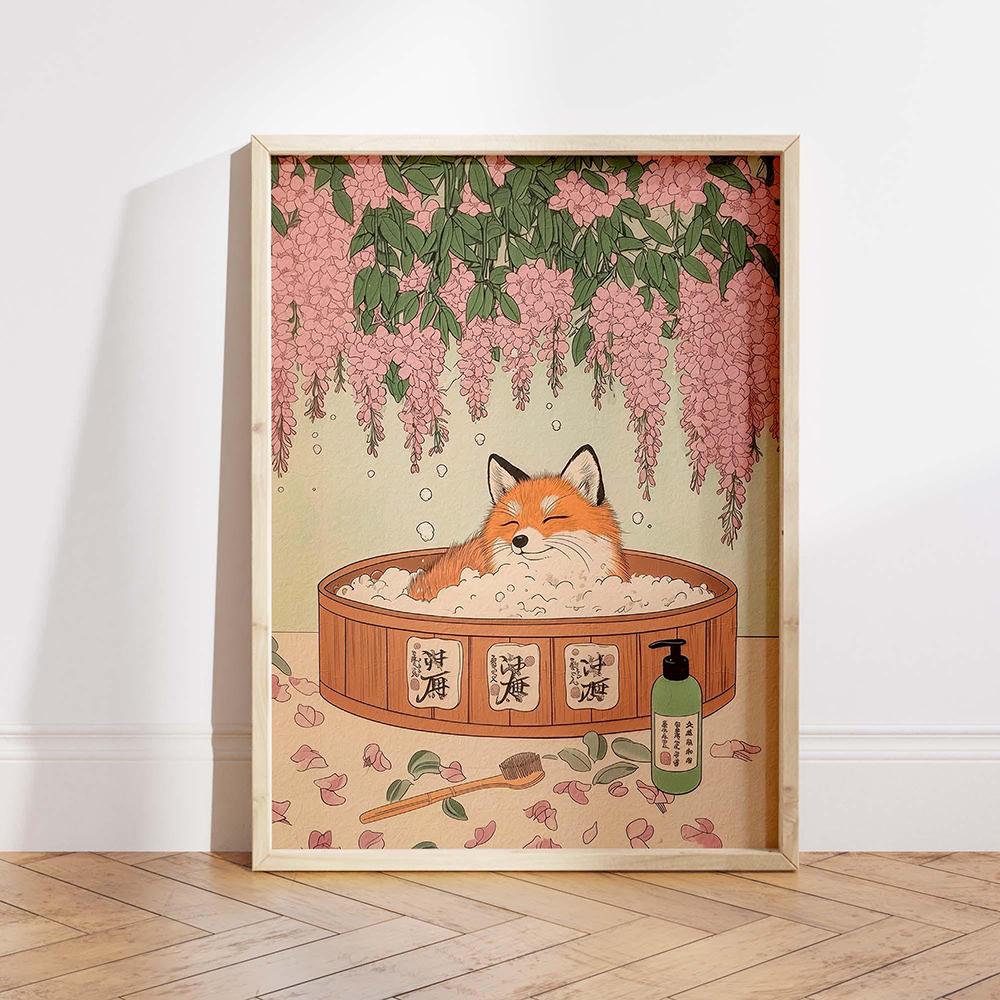 Tuxedo Cat Corgi Fox In a Bath Japanese Style Bathroom Print Vintage Poster Funny Aesthetic Japandi Wall Art Animal Lover Gift