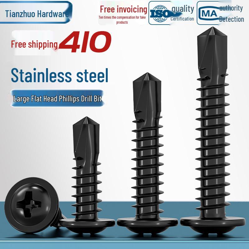 Black Phillips Flat Head Self-Tapping Screws with Washer, 410 Stainless Steel, 4.2M-4.8 Size.