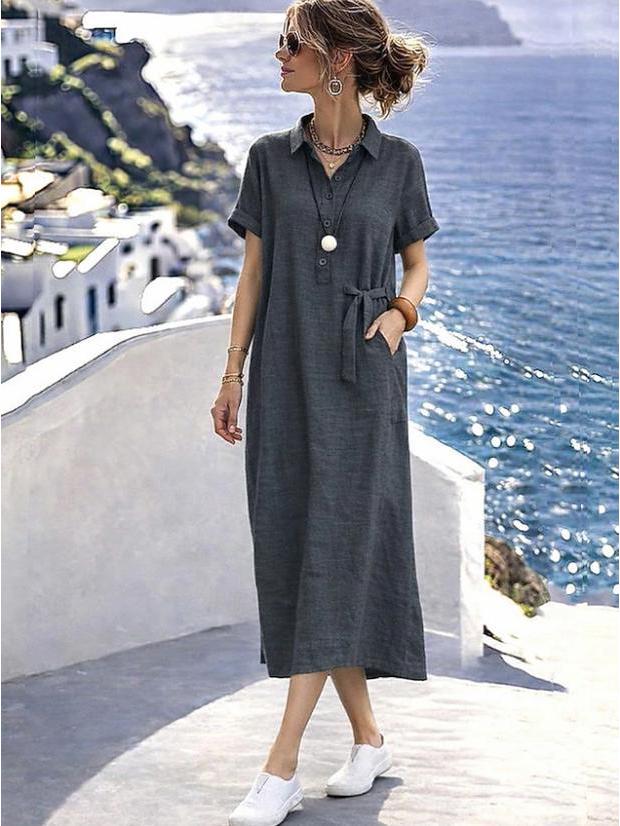 

European & American Style Summer Elegant Button Lapel Pocket Loose Short Sleeve Dress XL