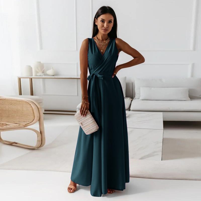 JPNTKY Fashion Summer Spring Solid Color Print Sleeveless V-Neck Casual Dresses