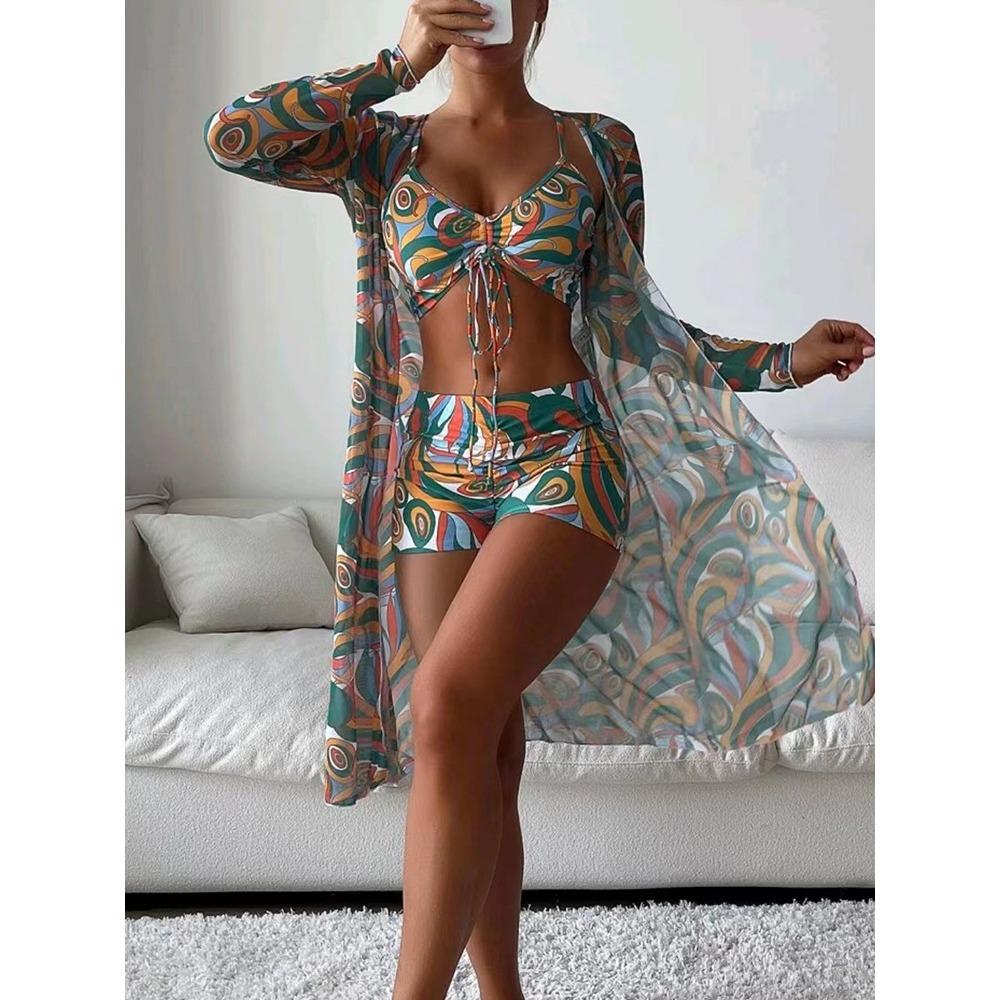 European and American Swimsuit Women's Split Three -Piece High Waist Long Sleeve Blouse Drawstring Suit