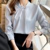 Women's Stand Collar Long Sleeve Loose Fit Blouse Pleated Satin Office Shirt