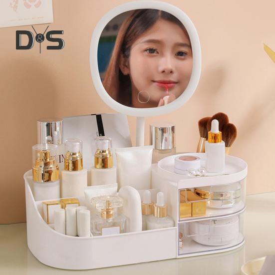 Boîte de rangement de maquillage avec miroir LED, grande capacité, compartiments multiples, boîte de rangement pour pinceaux de maquillage, organisateur de comptoir