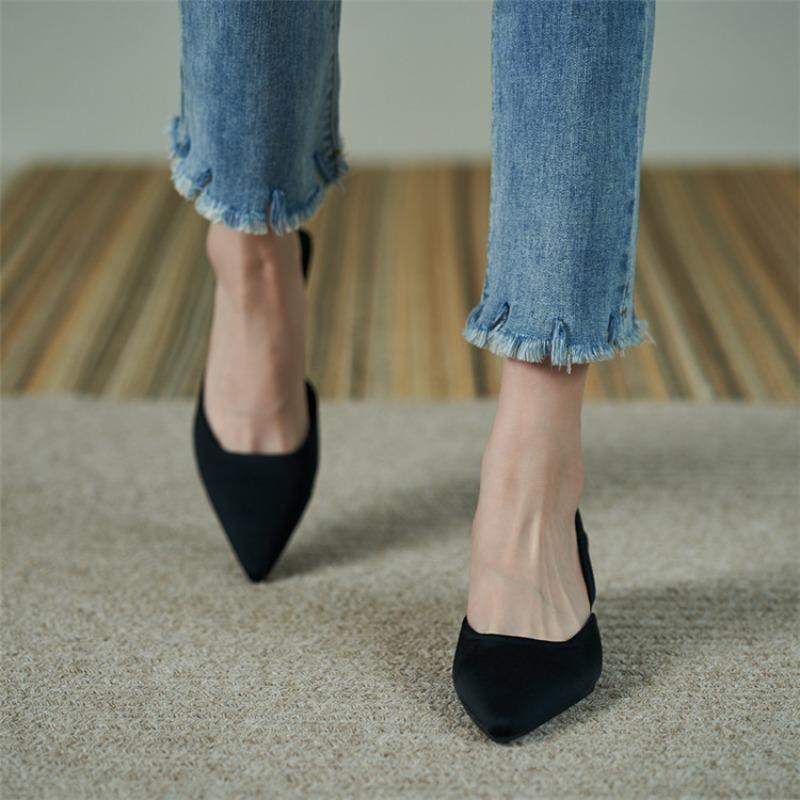 Summer 2025 New Women Black Baotou Sandals Woman Heels Pumps Silk Sexy Pointed Sandalias Female Low Heels Shoes