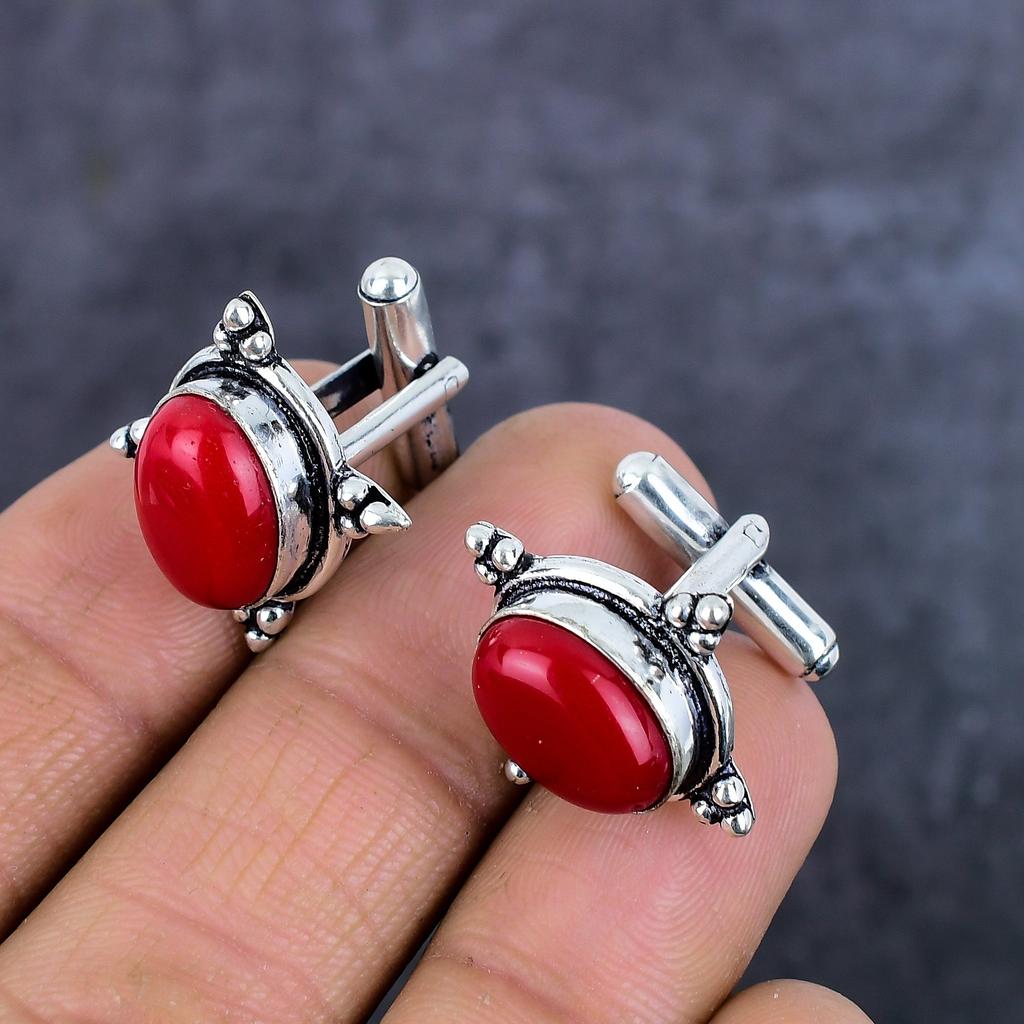 Italian Red Coral Gemstone Handmade 925 Sterling Silver Cufflinks ET-4575