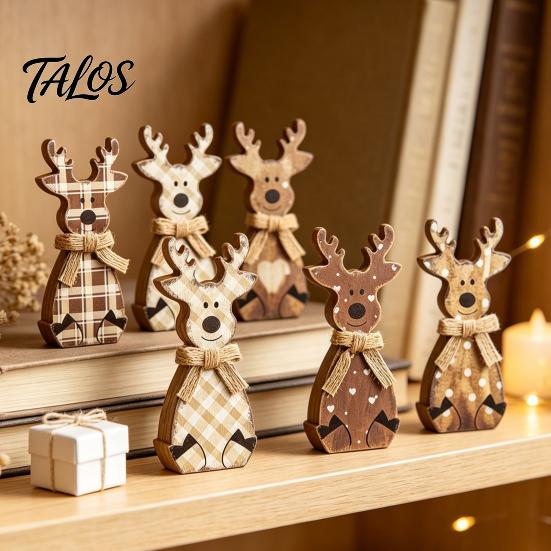 Winter Wonderland Party Decorations Wooden Christmas Tabletop Decor, Rustic Reindeer Animal Figurines, Farmhouse Style Plaid Fabric Bow Holiday