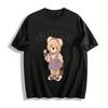 Pretty Girl Cute Bear Print Kids T-shirt Sweet Floral Bear Graphic Casual Top For Toddler Girls Pure Cotton T-shirt