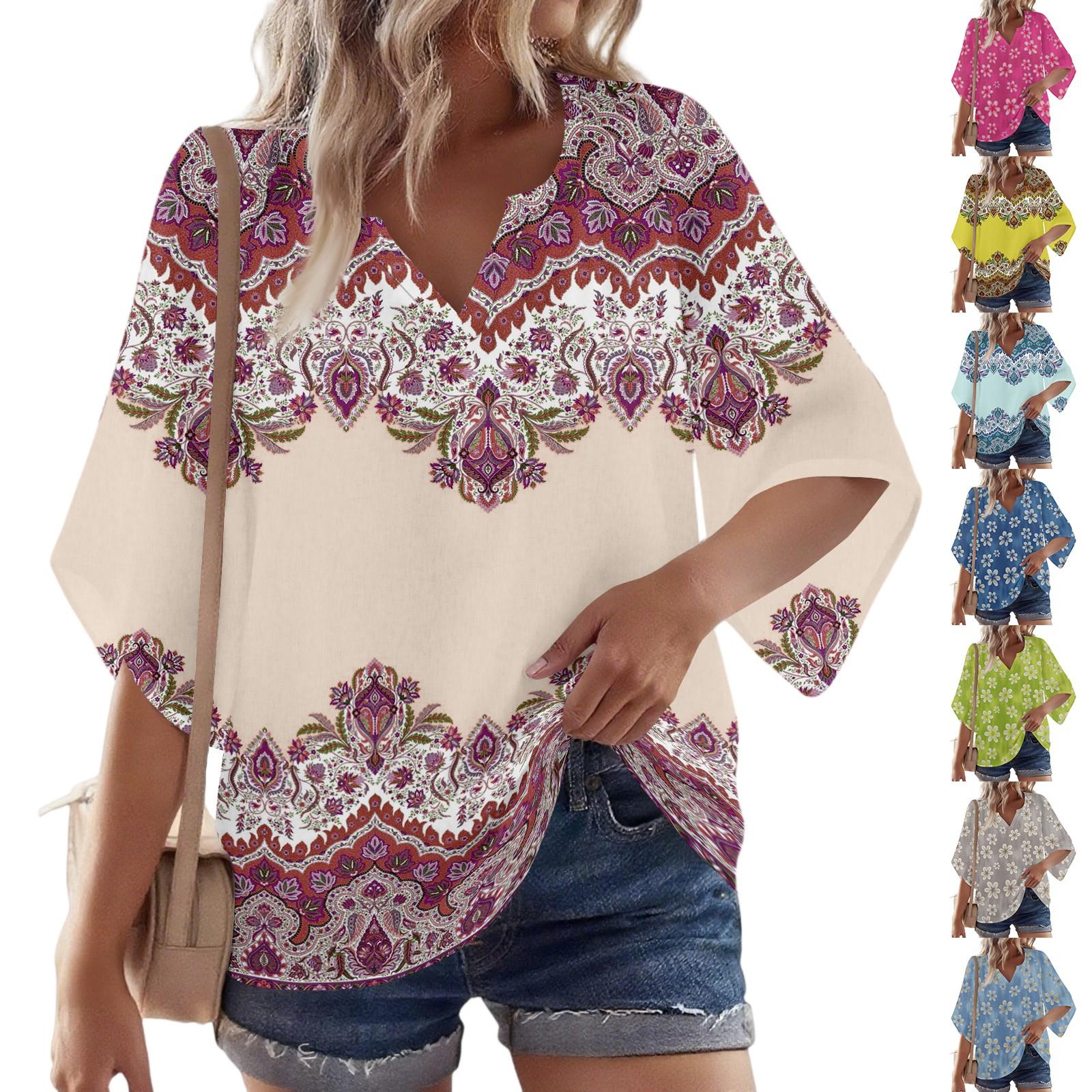 

Women s 3/4 Sleeve V Floral Shirt Casual Loose Tunic Top S