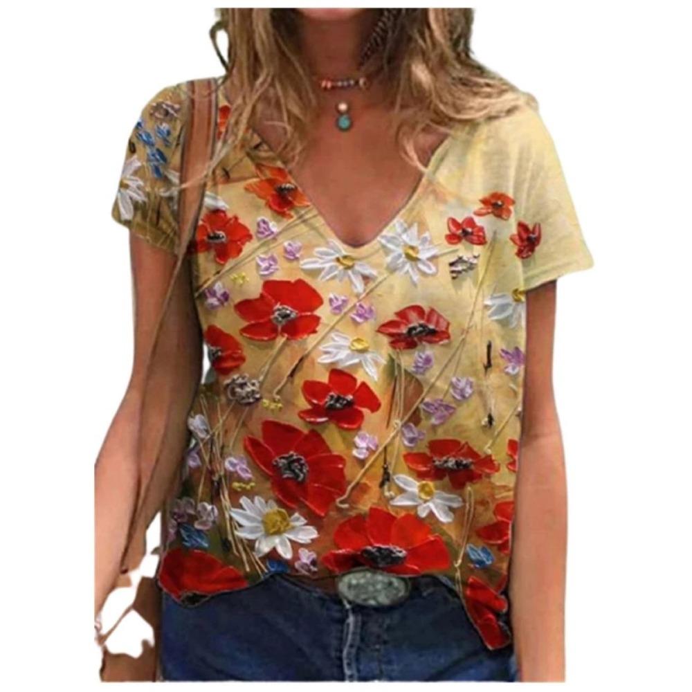 Casual Summer T-shirt 2025 New Women's 3d Floral Print T-shirt Ladies Street Wear Short-sleeved V-neck Top