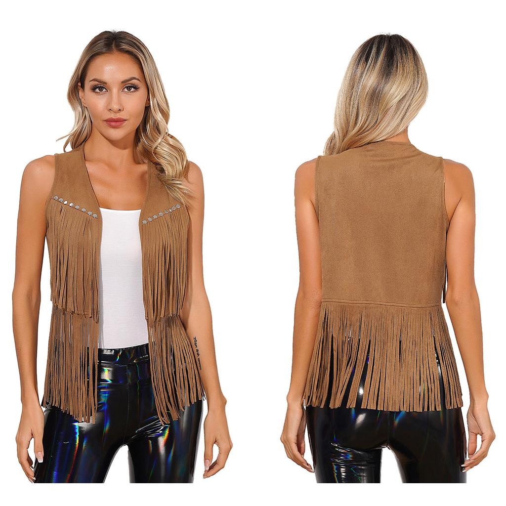 Dámska vesta z imitácie semišu v západnom štýle s strapcami a nitmi, otvorená predná časť bez rukávov pre boho outfity