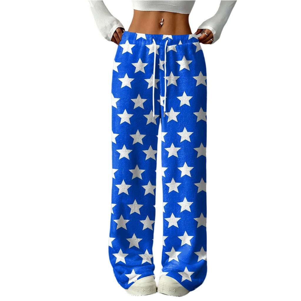 Women's Casual Fashion Printed Elastic Waist Loose Straight Leg Pants With Rope