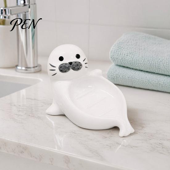 Cute Seal Soap Holder Ceramic Dish, with Self-Draining Design, Sponge Durable Organizer Tray, for Bathroom Countertop And Kitchen Sink Dish