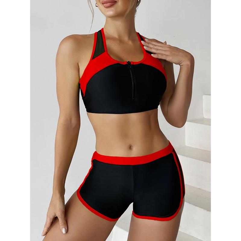 

2026 Zipper Bikini Set Two Piece Swimsuit Women With Shorts Sports Swimwear Female Bathing Swimming Suit Beach Wear Summer XL червоний