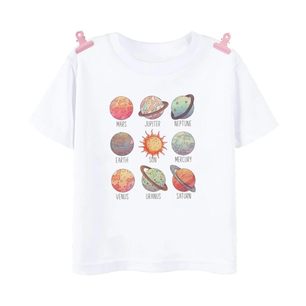 Space Planet Astronaut Cartoon Pattern Summer Children's T-shirt Short Sleeved Round Neck Top Children's Boys and Girls Clothing