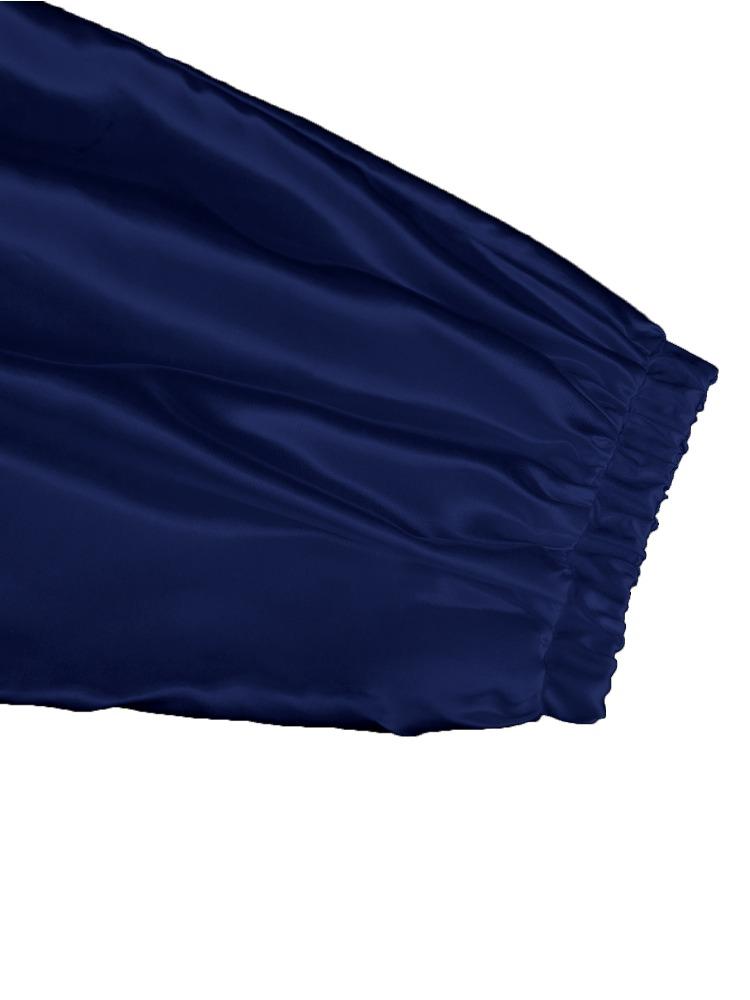 Elegant Women Blue A Line Satin Dress Turn Down Collar Short Puff Sleeves Pleated Shine Classy Evening Party Wedding Guest Gown