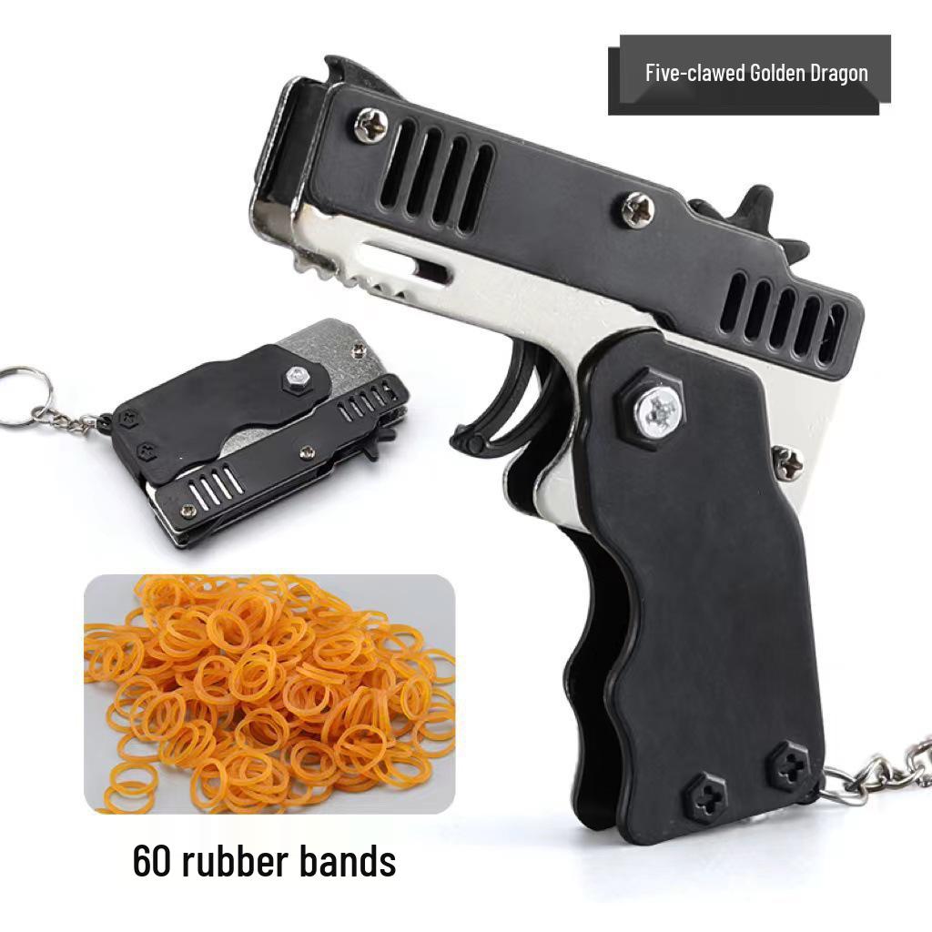 Foldable Alloy Toy Rubber Band Gun Keychain for Kids