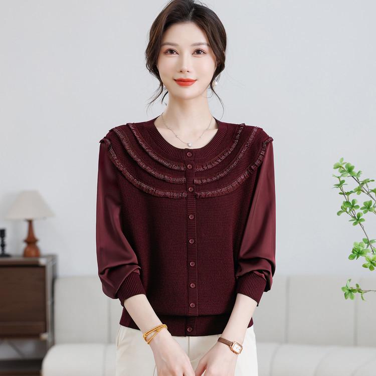 Spring 2026 Women s Ice Silk Acetate Mesh Patchwork Knit T-shirt XL красный