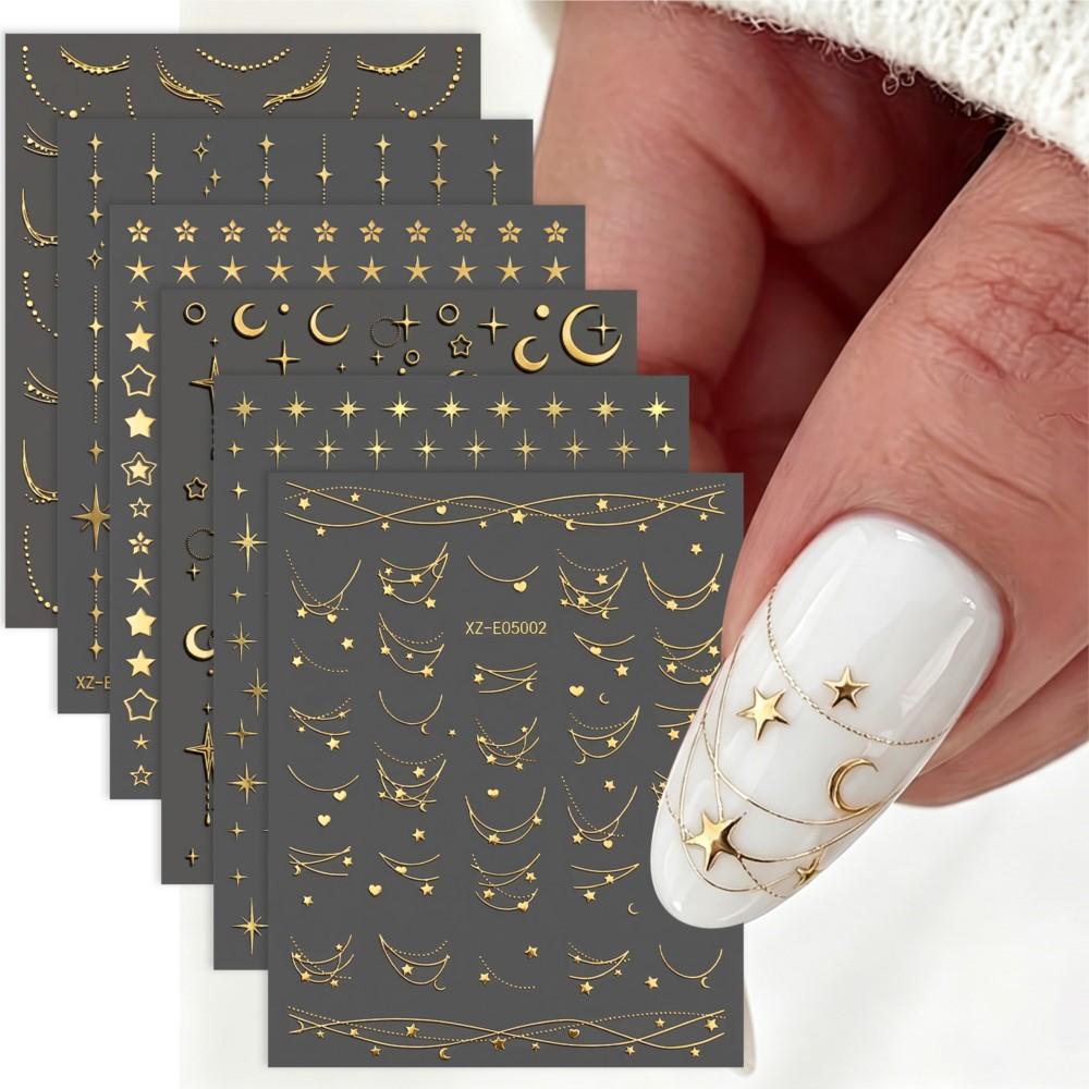 6sheets 3D Bronzing Gold Star Moon Nail Sticker Metal French Chain Star & Starlight Nail Decals Self-Adhesive Nail Decora 8*10cm