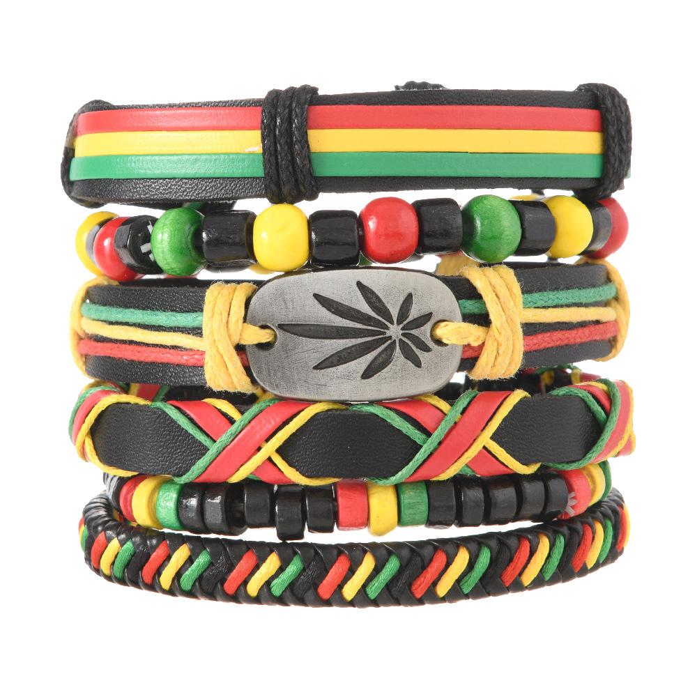 Cross-border e-commerce new fashion woven combination six-piece set maple leaf red, yellow and green hand rope European and American popular bracelet