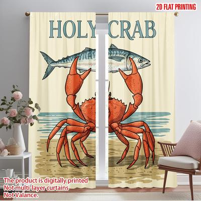 2pcs 2D Flat Printing Window Drapes Holy Crab Fish Catch 100% Polyester Without Electricity 0 for Gold Wall Decor