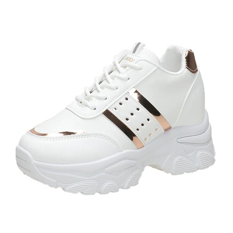

Модная спортивная обувь на толстой подошве для женщин, белые кроссовки из ПУ кожи на шнуровке, массивные кроссовки для женщин, весна 2024, нескользящая обувь на платформе 35 золотой