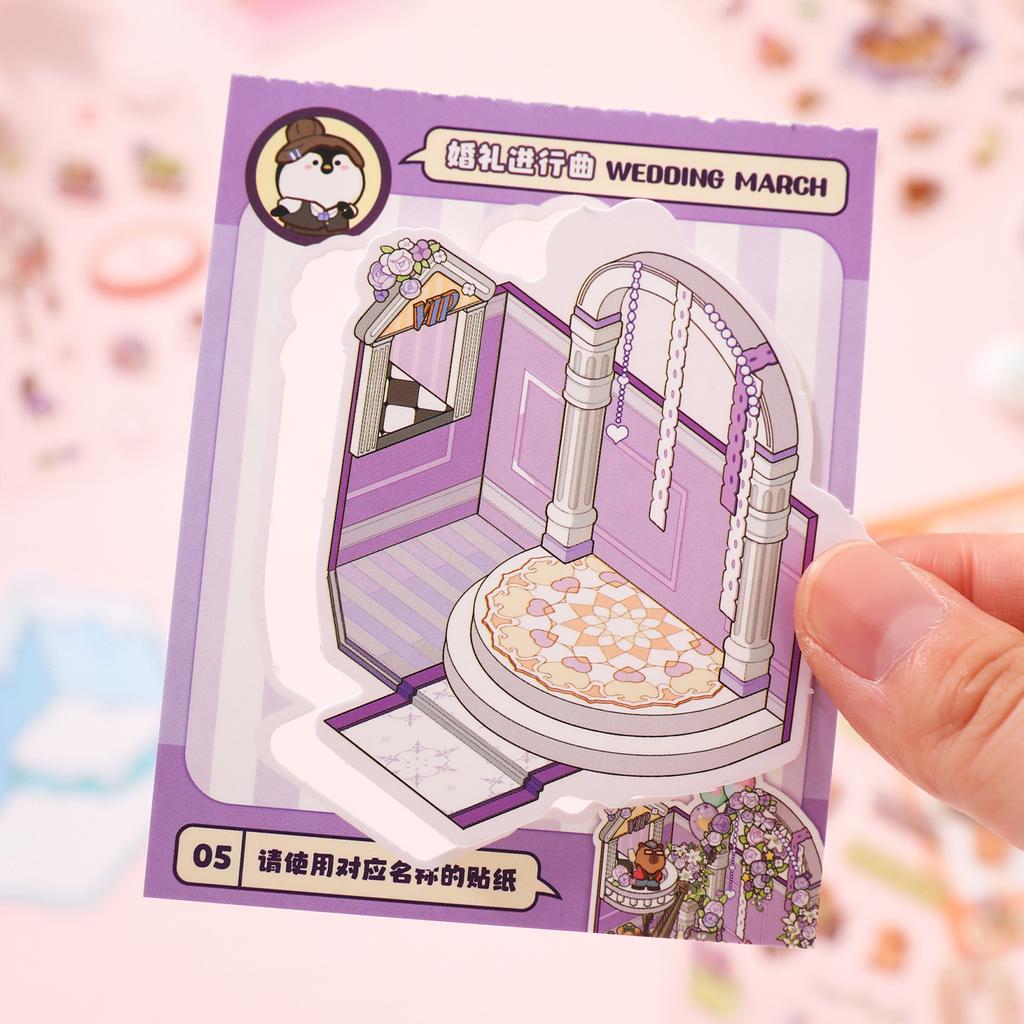 8 scenes in 1 Kawaii cartoon 2.5D miniature scene mini sticker book visual stacking and pasting DIY scrapbook deco sticker