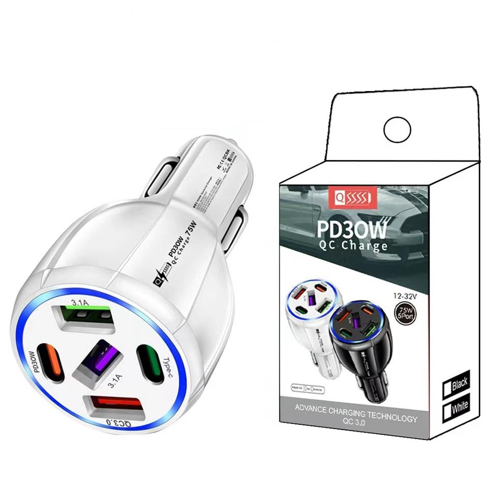 Car Charger 5 Port USB Type C 75W PD Phone Charger Quick Charge 3.0 Fast Charging Power Adapter For IPhone Samsung H F1R0