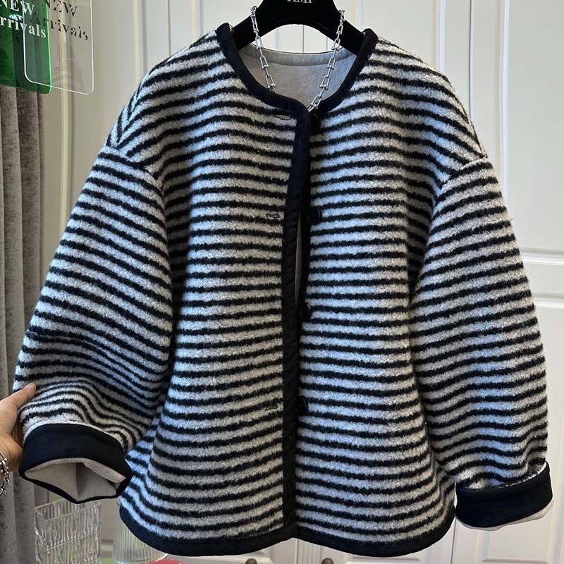 Coats for Women Winter Jacket Stripe Thickened Velvet Windbreaker Loose Casual Coat Top