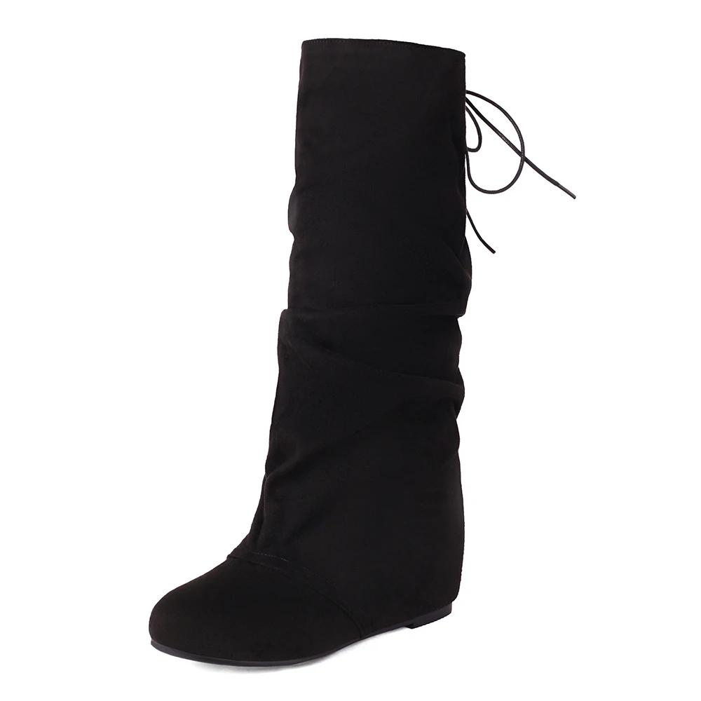 Fashion Autumn Winter Women Mid Calf Boots Casual Slip on Lace up Long Boots Flats Fashion Pleated Round Toe Black Elegant Botas Female