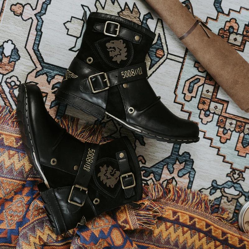 Fashion Cowboy Ankle Boots Men Zipper Up Motorcycle Boots Vintage Metal Buckle Western Shoe Outdoor Military Combat Boots Bota Masculina