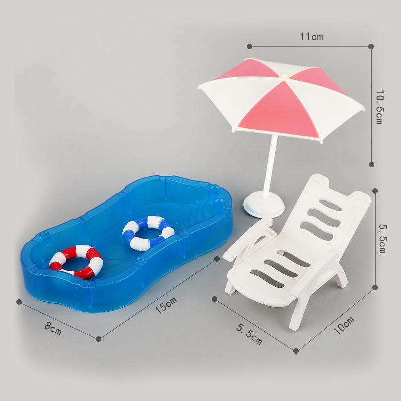 Miniature Doll Pool Set with Swim Ring, Coconut Tree, Sun Umbrella, and Beach Chair - Children's Toy Accessories