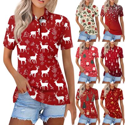 Women's Fashion Casual Lapel Short Sleeve Christmas Print Shirt Women's Button Up Tops