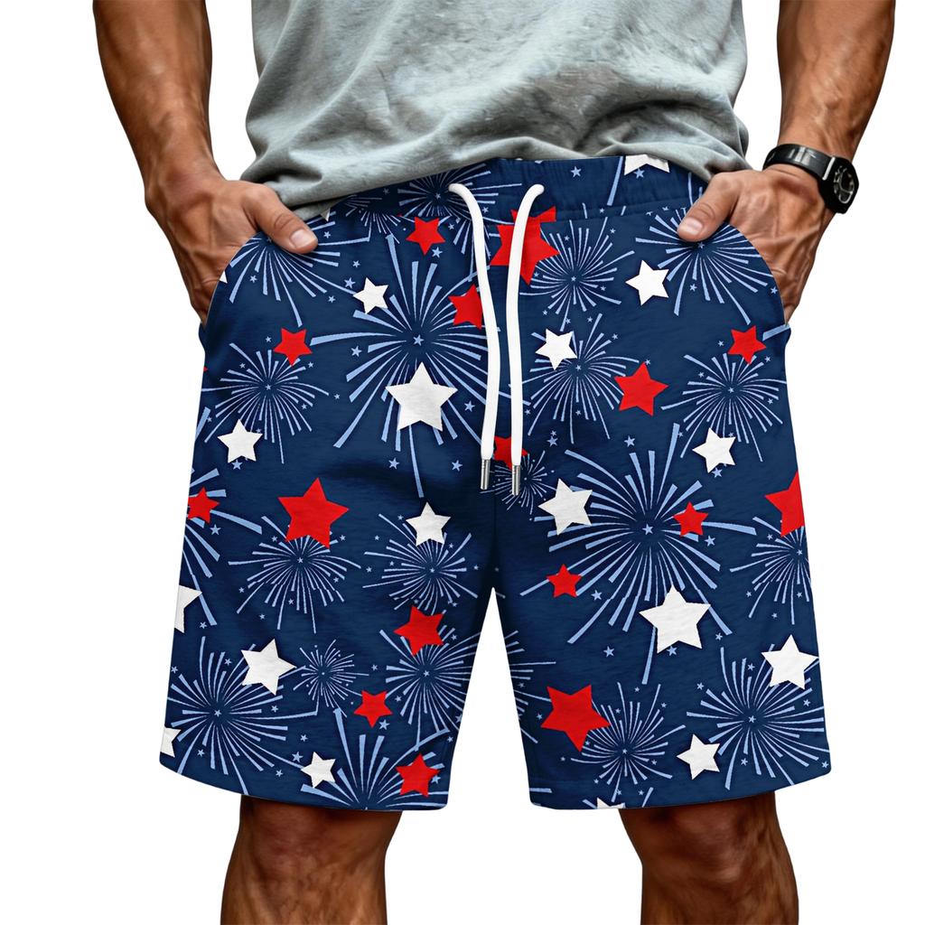 Men's Drawstring Waist Casual Shorts with Star Stripe Print Loose Fit Elastic Waistband and Side Pockets for Daily Wear