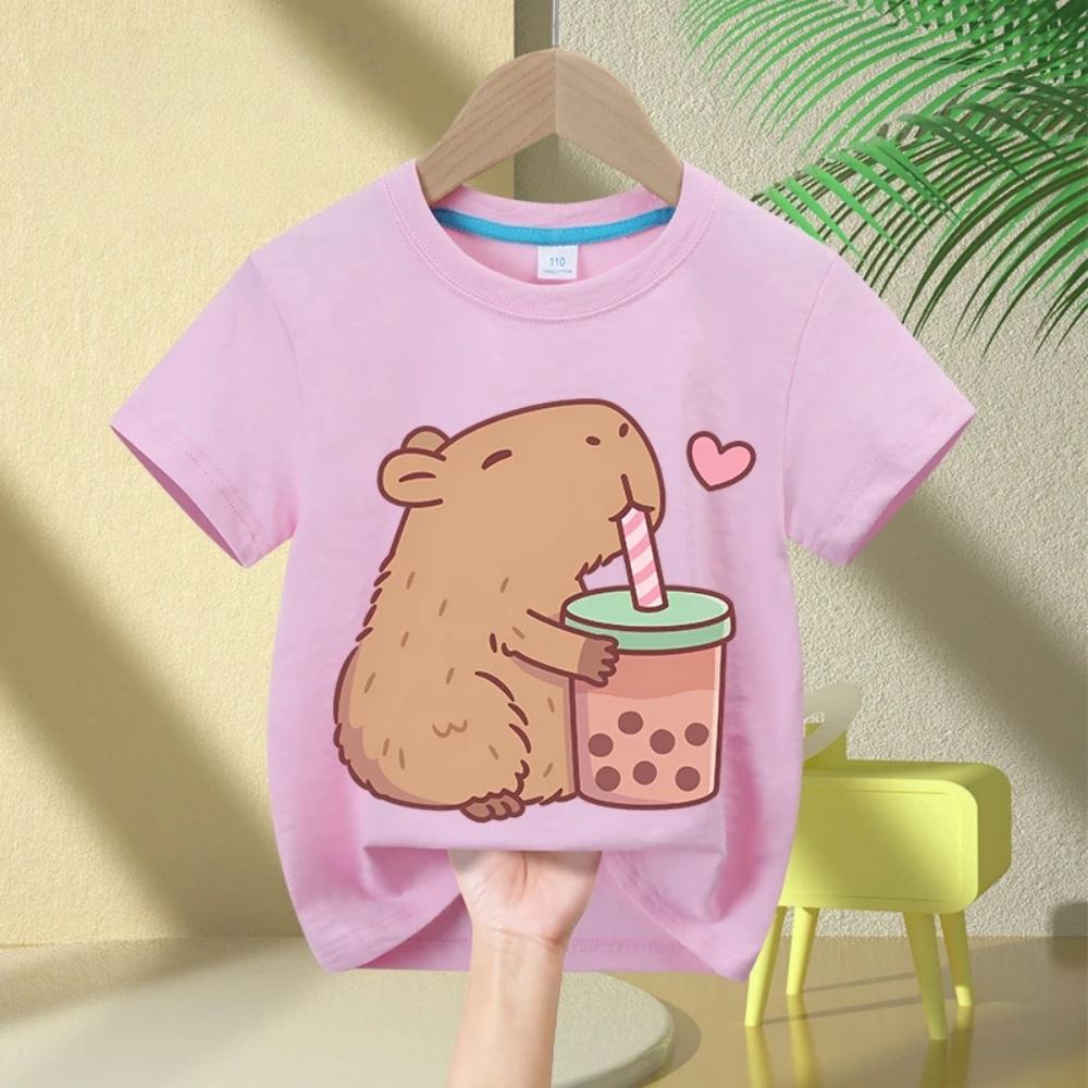 Capybara Girls' T-Shirt Summer Cute Graphic T Shirts O-Neck Girls Short Sleeve Clothing Fashion Casual Tops Children's Clothing