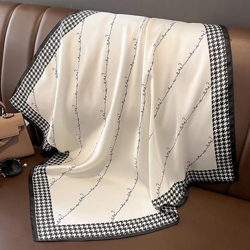 Luxury Houndstooth Print Silk Square Scarf Women Soft Satin Head Hijab Hairband Neckerchief Headband Foulard Bag Ribbons Gift