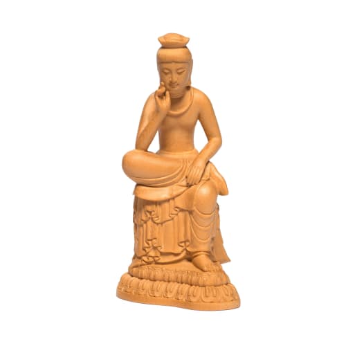 Hanro Art Carving, Maitreya Bodhisattva Statue In a Pensive Position, Wood Carving, Buddhist Altar Ornament, Hinoki Wood, Natural Wood Color (12cm H X