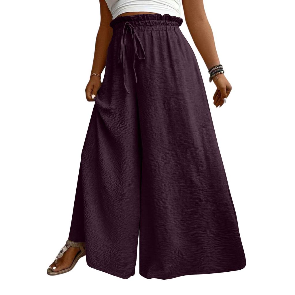 Women High Waist Wide Leg Palazzo Pants Drawstring Elastic Waist Loose Fit Flowy Long Trousers with Pockets for Casual Daily Wear