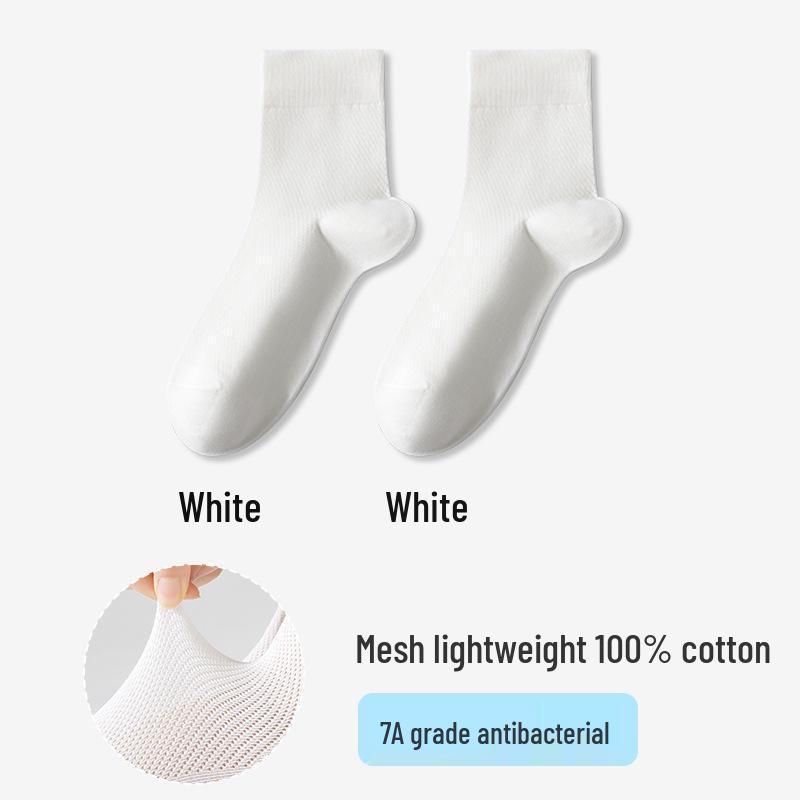 Women's Summer Cotton Mesh Mid-Calf Socks - Sweat-Absorbent, Odor-Resistant, Breathable, Non-Slip, Boneless, White.