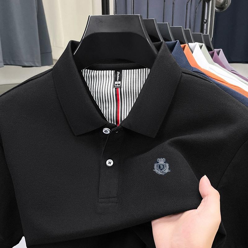 

Cotton High-End Brand Men s Lapel Polo Shirt Summer Arrival Badge Print Breathable Fashion Business Men swear 4XL чорний