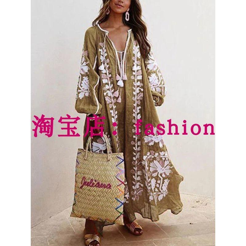 2024 European and American New Women's Clothes Ethnic Embroidery Flower Loose Oversized Long Sleeves Dress Women's Robe