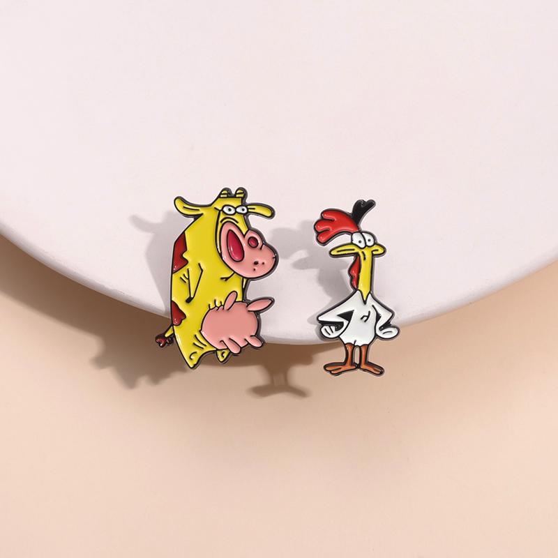 Cartoon Manga Enamel Pins Custom Cute Rooster Cow Brooches Lapel Badges Animal Jewelry Gift for Kids Friends