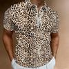Women Short Sleeve Polo Shirt Khaki Black Brown Full Leopard Spot Print Half Zip Lapel Top