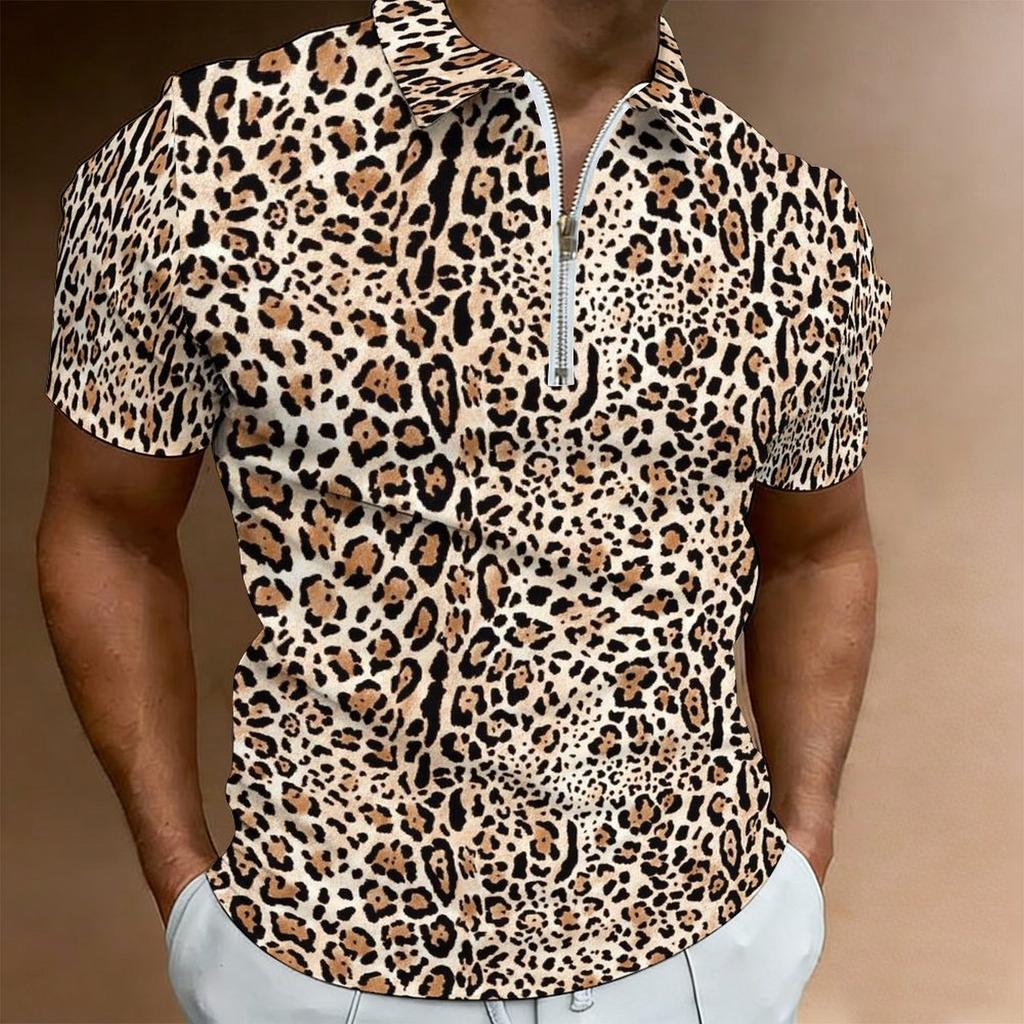 Women Short Sleeve Polo Shirt Khaki Black Brown Full Leopard Spot Print Half Zip Lapel Top