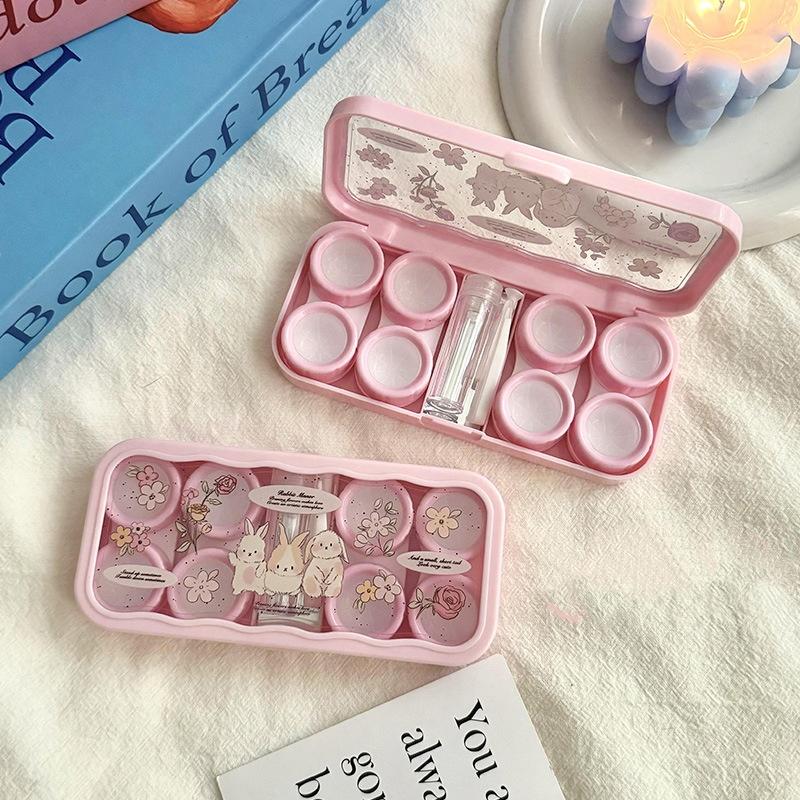 

Kawaii Rabbit Contact Lens Case 4 Pairs Storage Box With Mirror Tweezer Suction Stick Portable Eye Care Container For Girl Women розовый