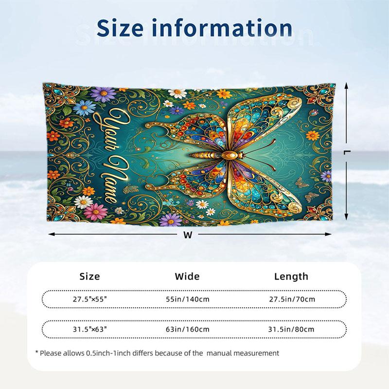 Butterfly Garden Fantasy 7 Theme Quick Dry Beach Towel Custom Name Text Print Large Sand Resistant Towel Beach Vacation