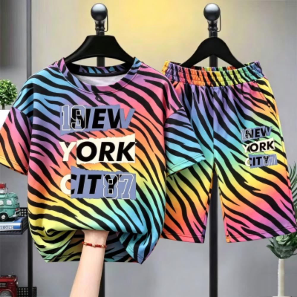 Camouflage Zebra Stripe Letter Printed Women's T-shirt and Shorts 2 Piece Set Summer Home Outdoor Casual Outfit for Men's and Women's T-shirt Set