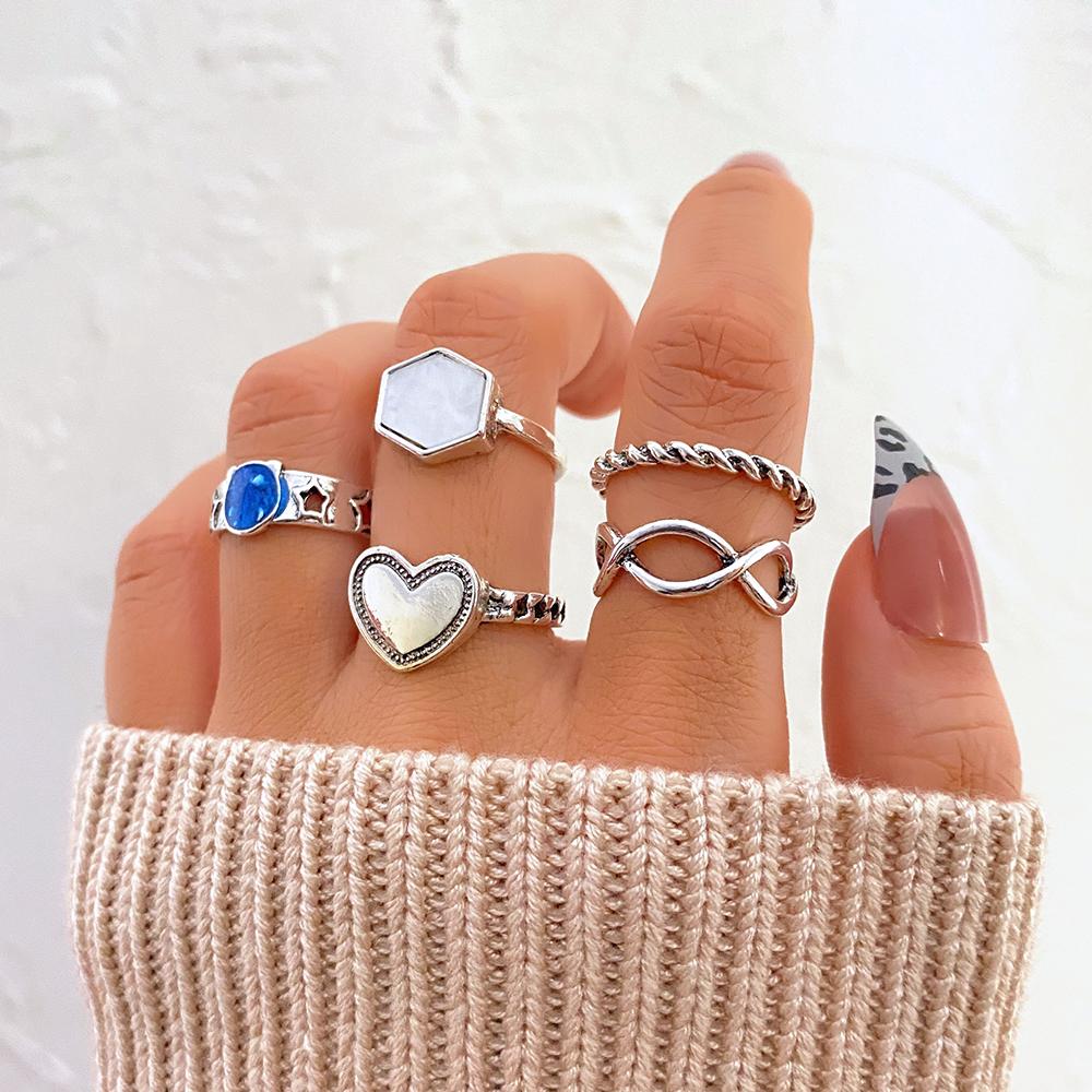 Módní Retro Ring Set Ženy Punk Metal Jednoduchá Osobnost Star Love Heart Ring Šperky dárek