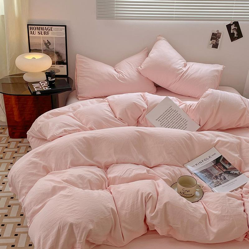 Four-piece Set for Sleeping Naked On Winter Bed, Washed Cotton Sheets, Quilt Cover, Fitted Sheet, Three-piece Set for College Dormitory