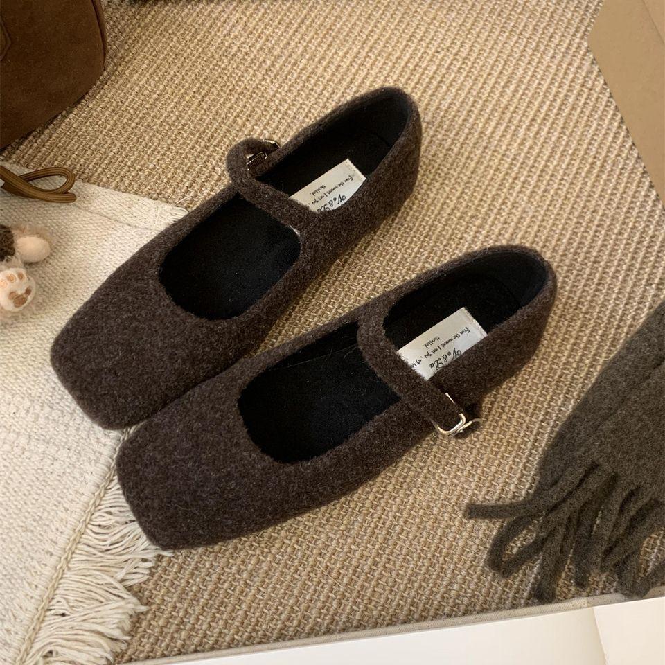 Gray Fluffy Shoes for Women To Wear In Autumn and Winter, New Korean French Mary Jane Shoes, Plush Warm Flat-soled Woolen Single Shoes