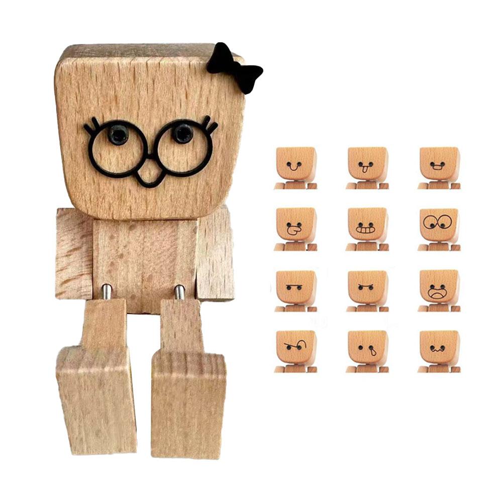 Cute Bow Leg-shaking Wooden Man Figurine Interior Wood Ornaments With 12 Magnetic Expressions Car Decoration Ornaments